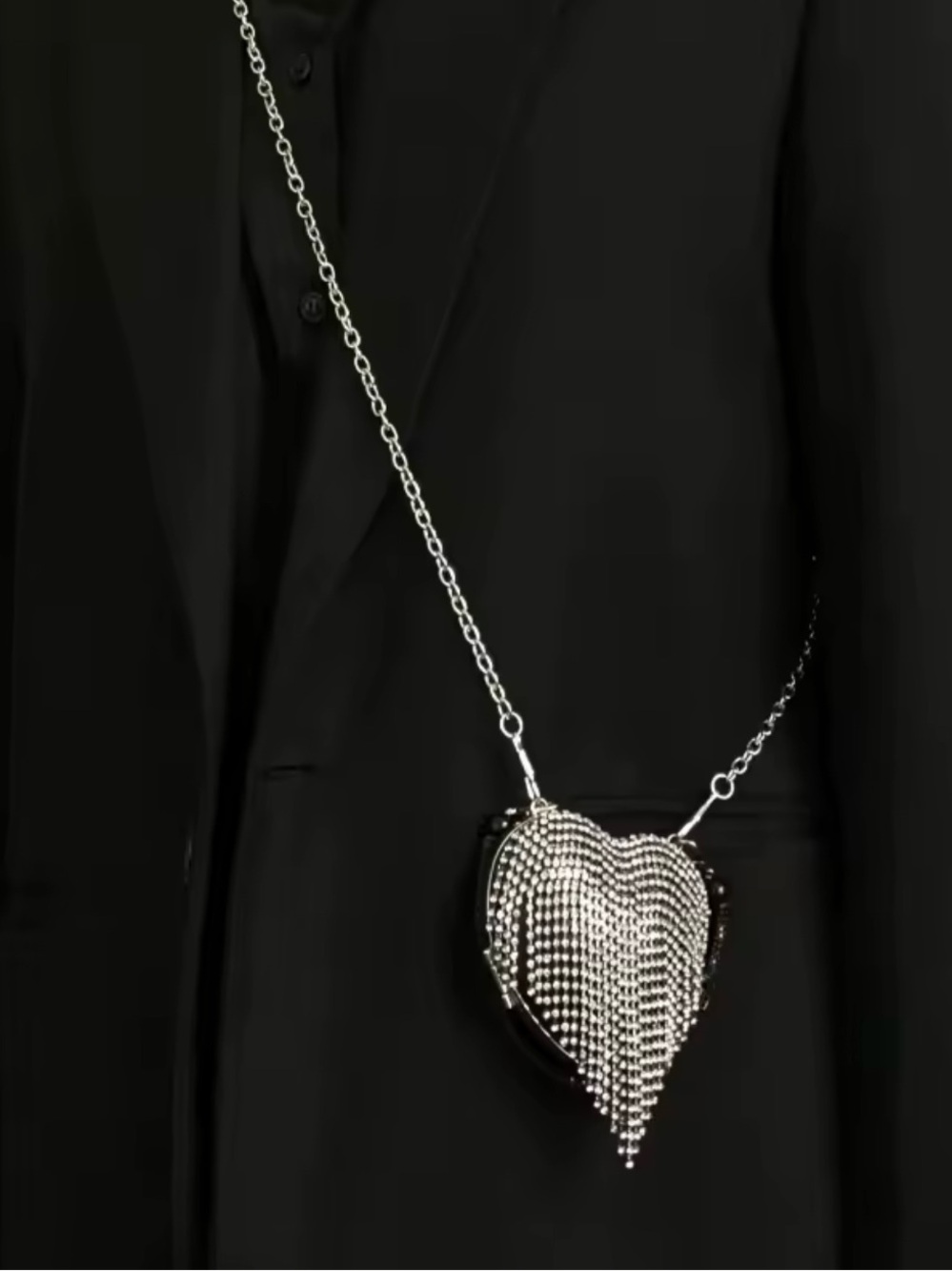 Rhinestone Heart Mini Crossbody Bag Silver Chain Evening Purse - Picture 3 of 7
